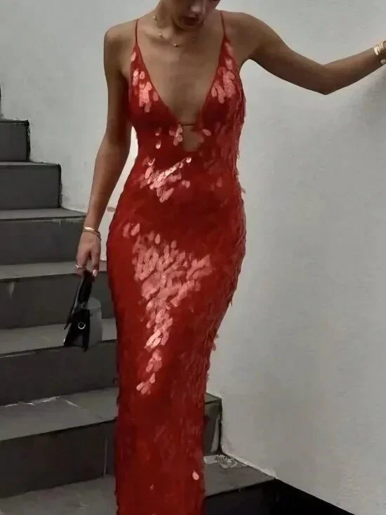 Red Sequin Formal Women's V-Neck Sleeveless Maxi Prom Dress - Picture 4 of 5